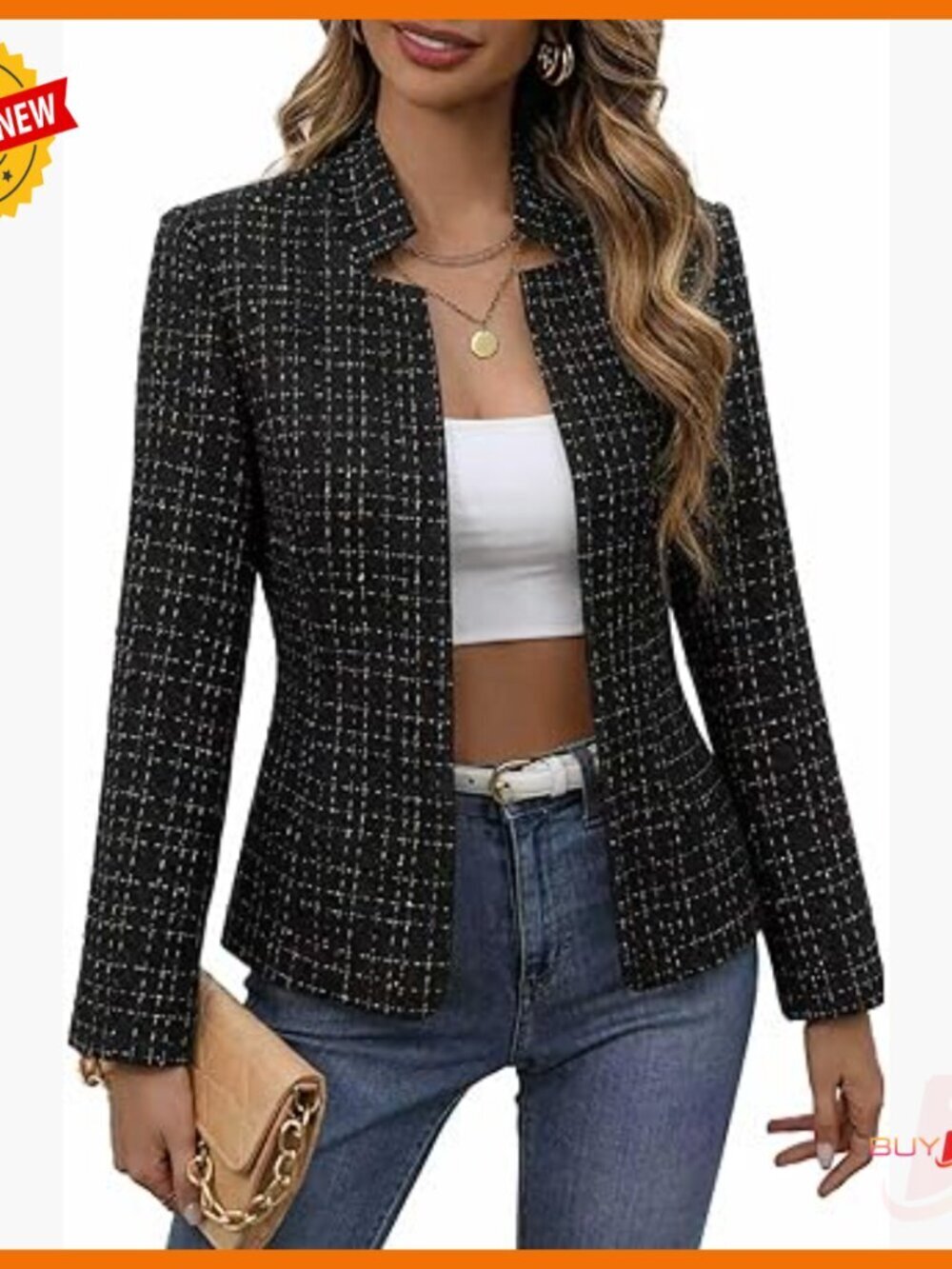 Lightweight Tweed Blazer Open Front Plaid Stand Collar Lined Office Jacket